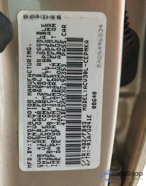 2003 Toyota Camry Le from USA, damaged, VIN 4T1BE32KX3U192353